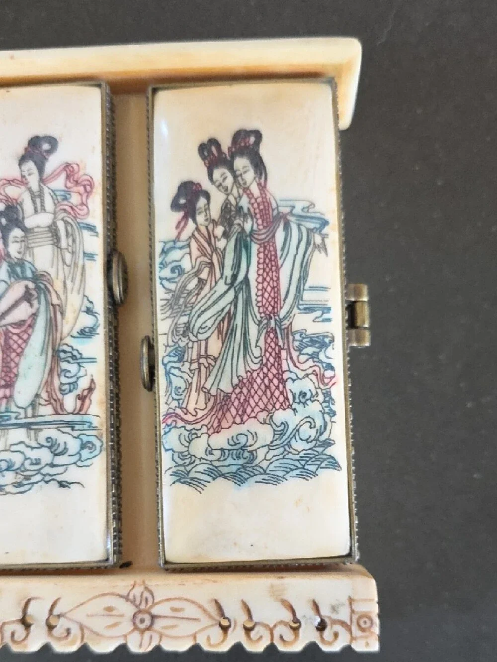 Hand-Painted Carved Ox Bone Asian Mini Cabinet/Trinket Box with Figural Design.
